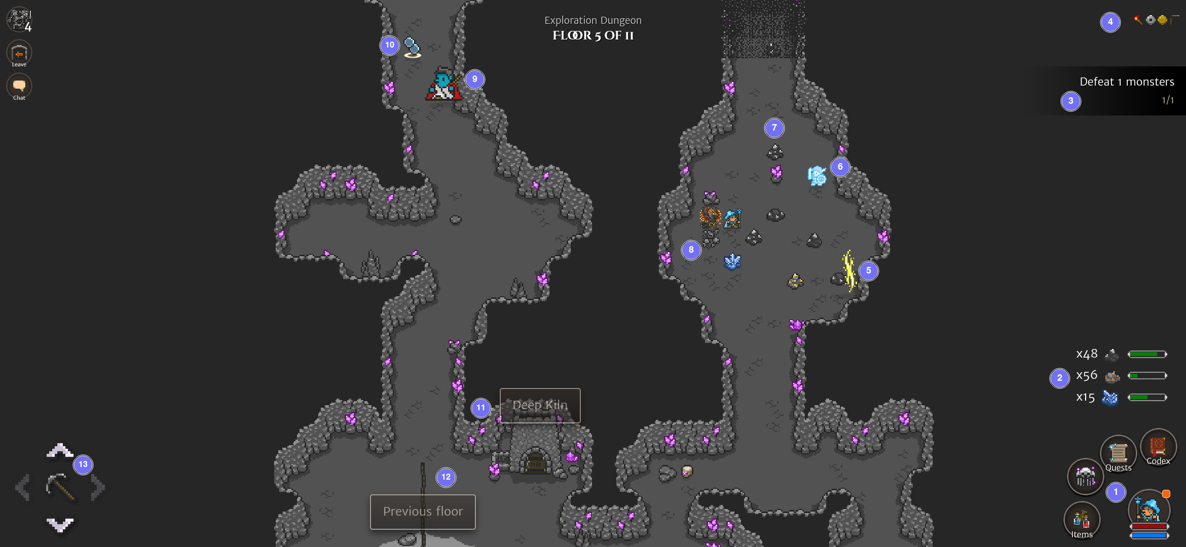 Screenshot of a Mystic Cave exploration, with elements of the UI highlighted with numbers